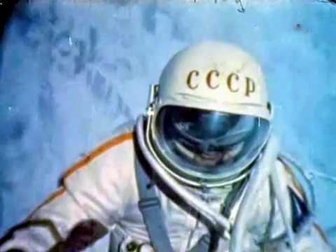 First man in space. Spacewalk,  Alexey Leonov, March 18, 1965. Color  footage.