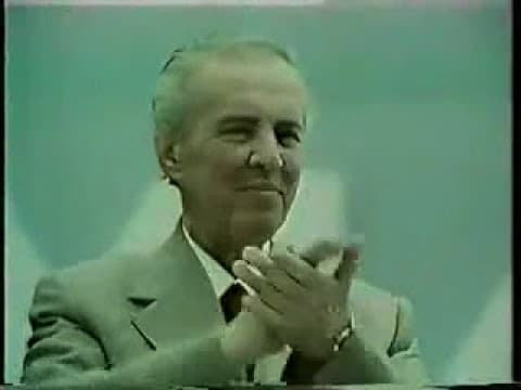 Hoxha takes the May Day salute in Tirana