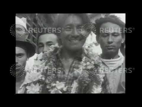 1953 First pictures of Everest heroes back at base: Edmund Hillary and Sherpa Tensing return to base