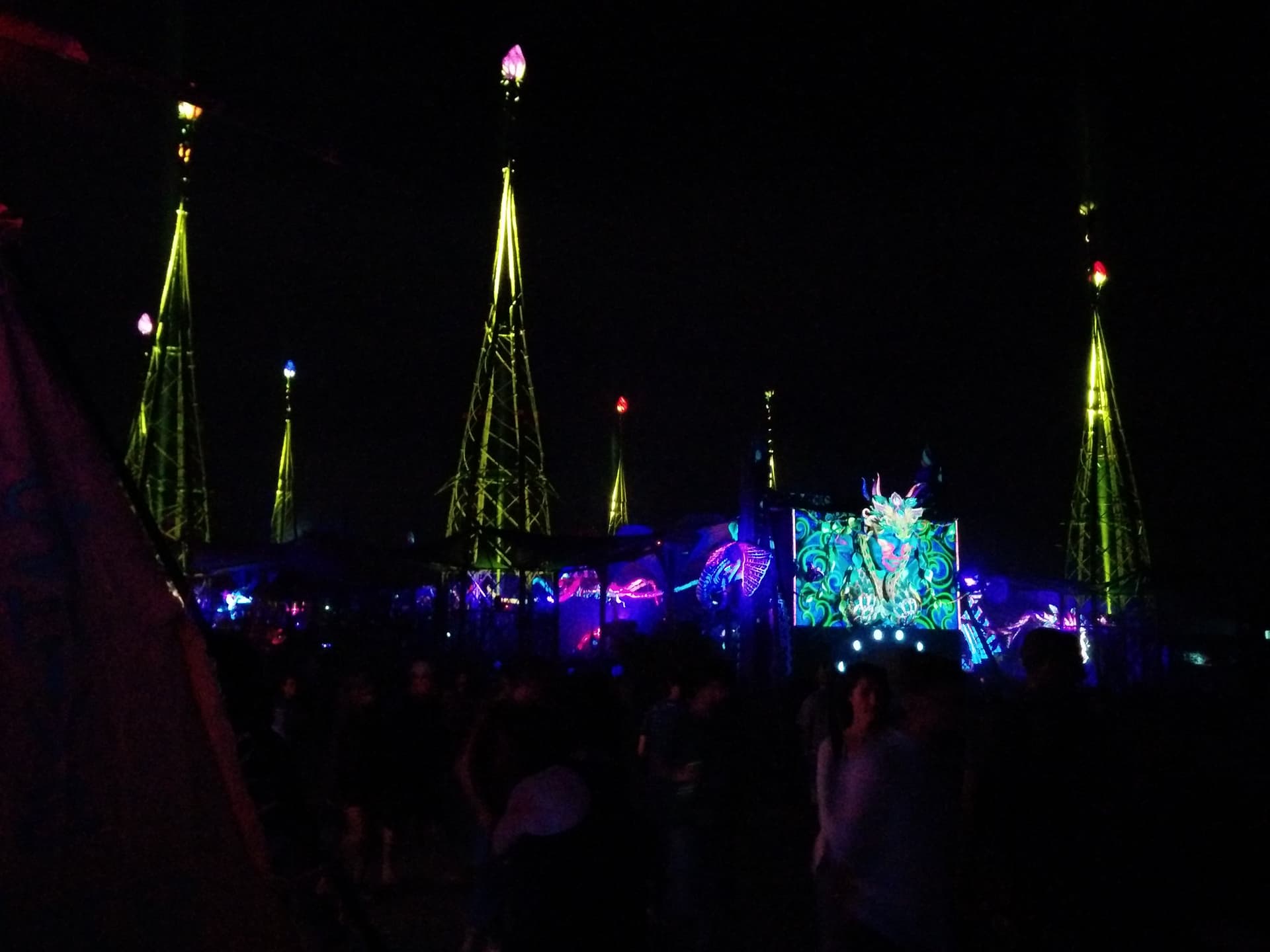 Lit spires flanking the night stage, Boom 2014