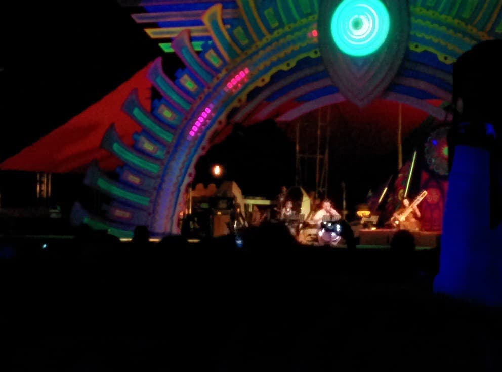 Dance Temple arch lit in red and green, Boom 2014