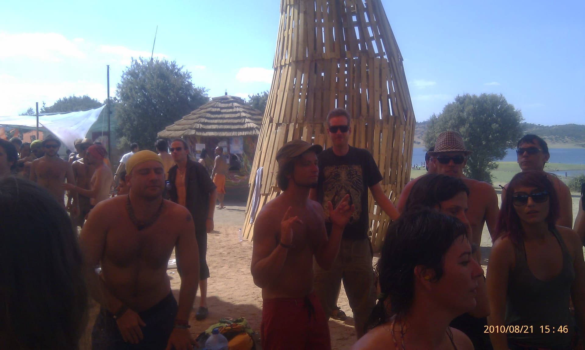 Festivalgoers gathered by the woven towers, Boom 2010