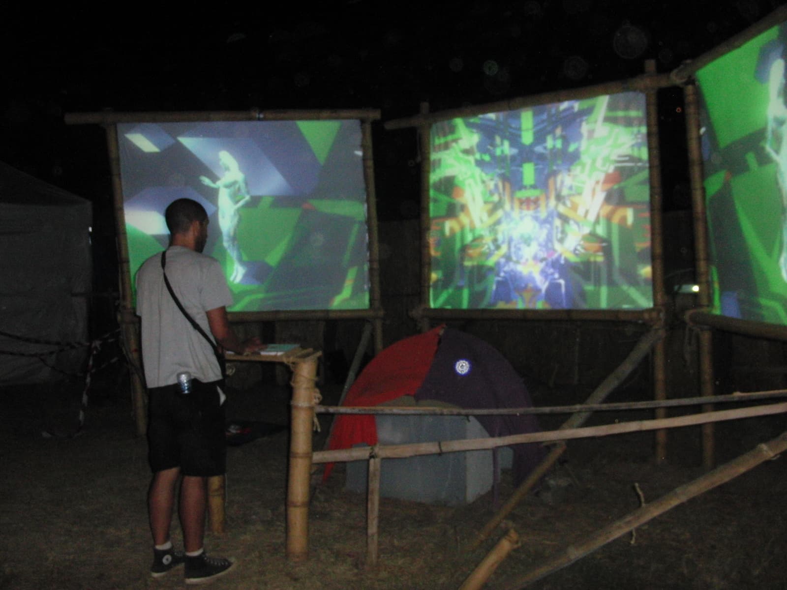 Visitor beside the daytime projection screens, Boom 2010