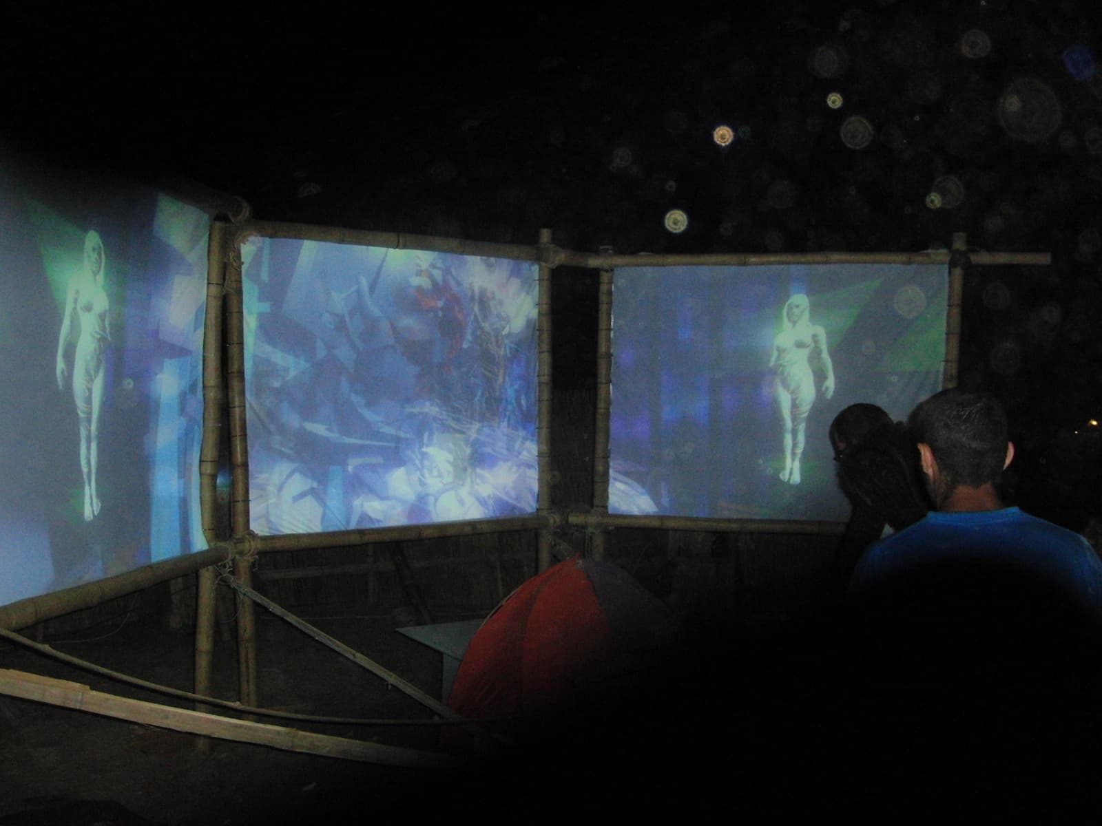 Figures projected across a bamboo screen bank, Boom 2010