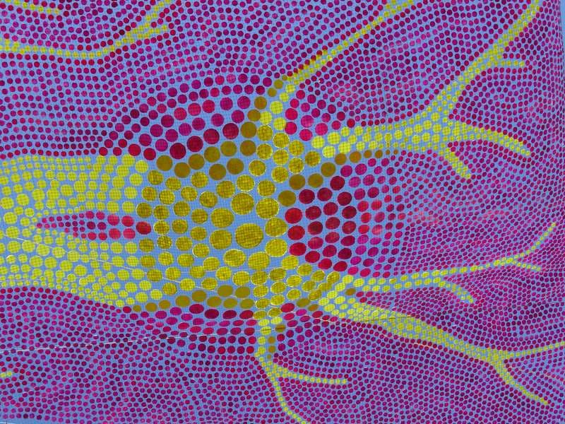 Dot-painted fabric panel in pink and yellow, Boom 2006