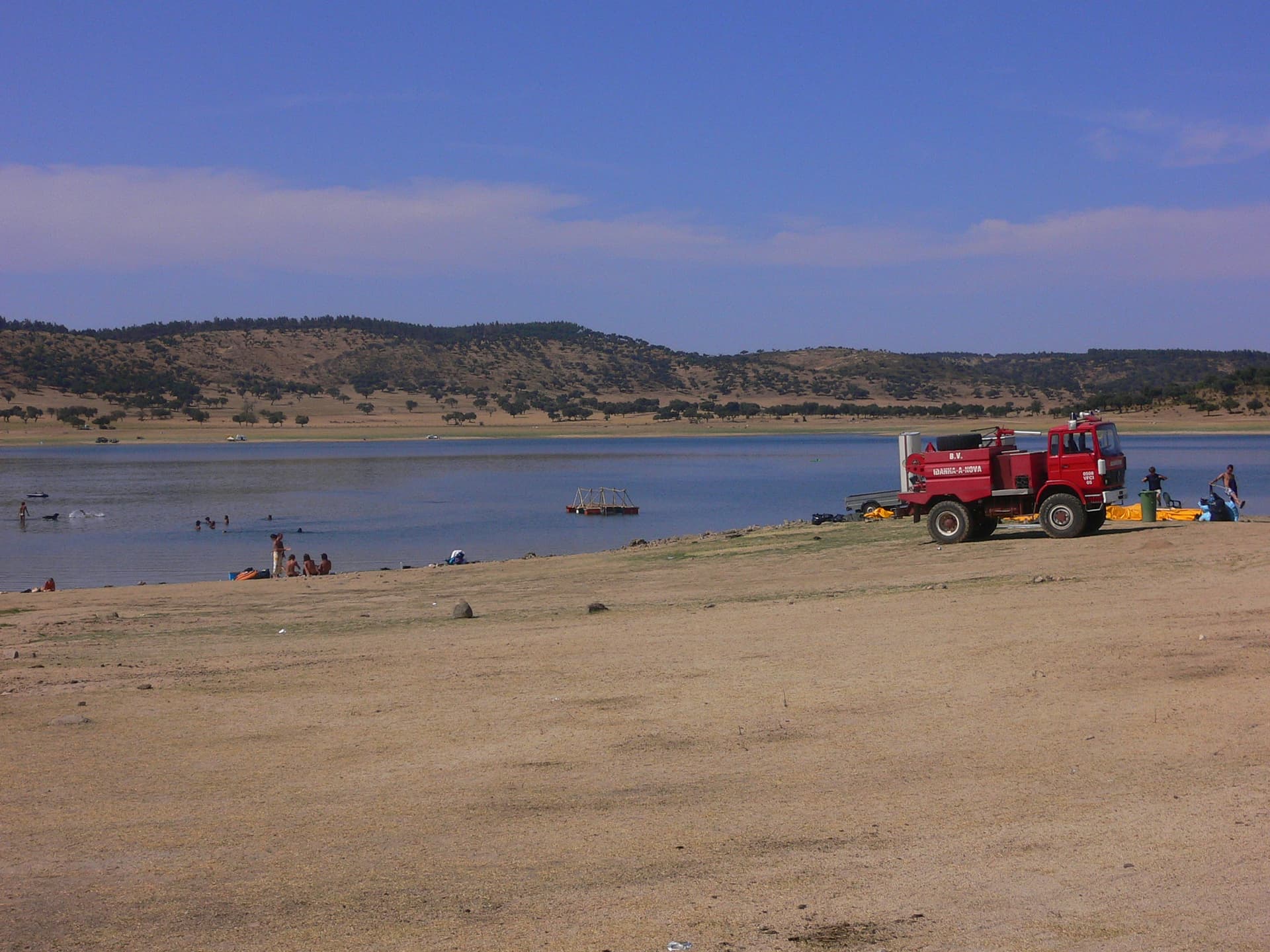 Fire truck parked by the reservoir swimming area, Boom 2006