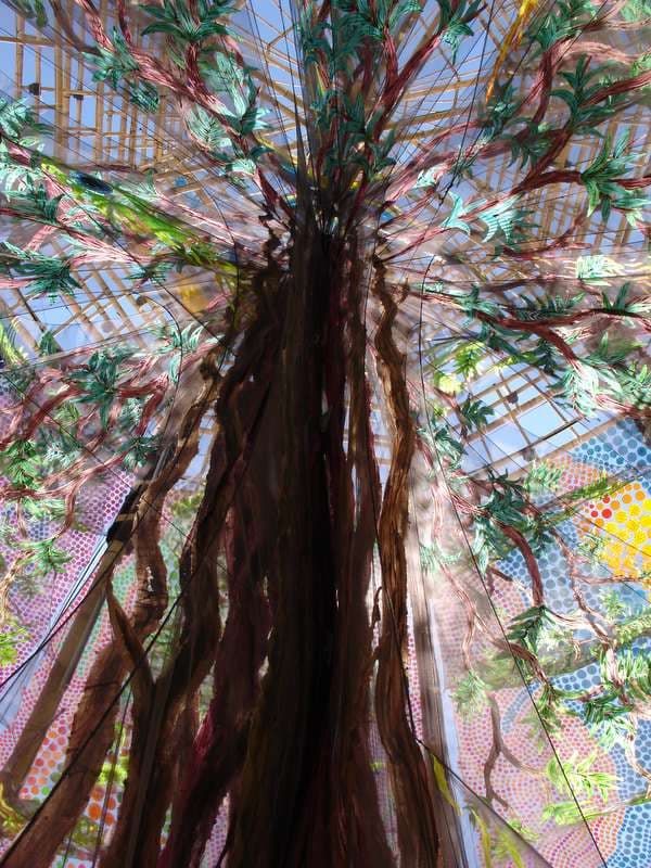 Painted tree mural on a tented ceiling, Boom 2006