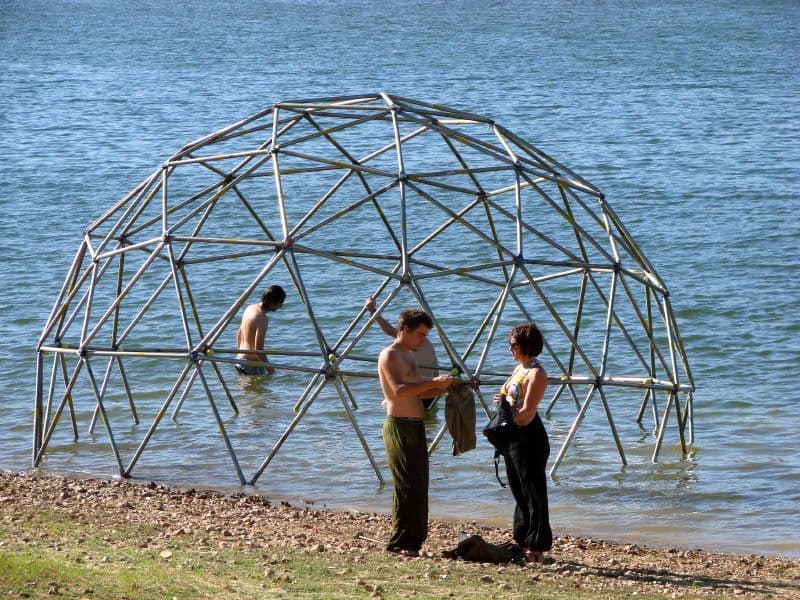 Geodesic dome frame at the water's edge