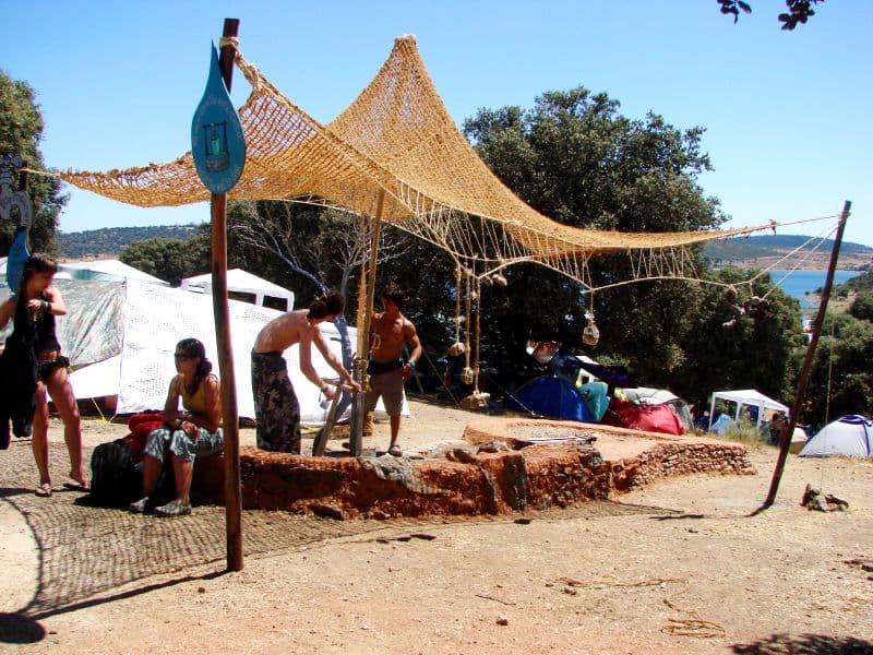 Shade canopy and earth wall under construction