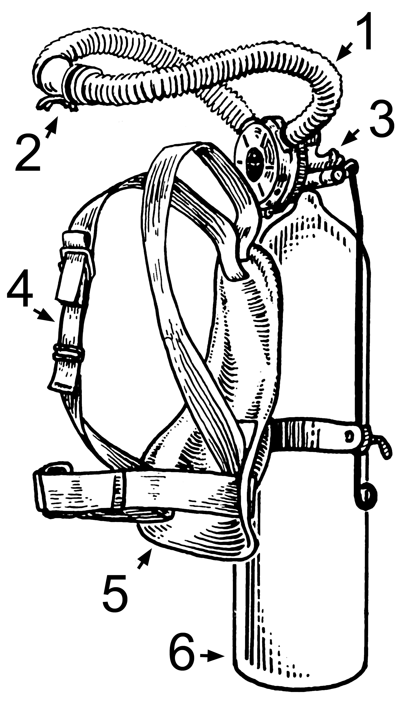 Line drawing of an aqualung and its parts