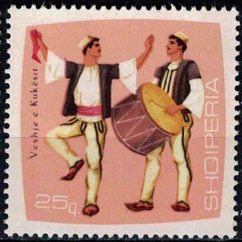 Stamp: dancer and drummer, Kukës (1967)