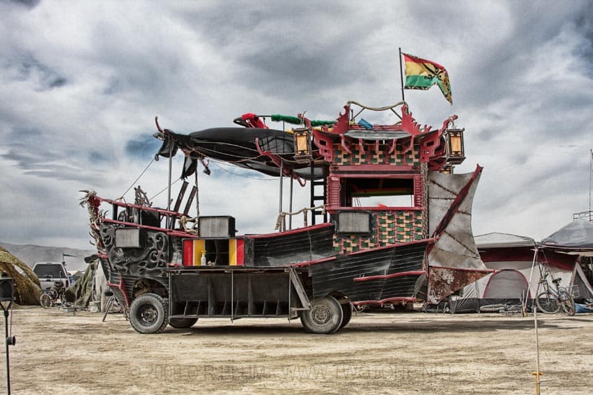 Pirate junk-ship art car on the playa