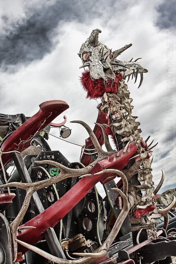 Bone-and-antler dragon art car, upward view