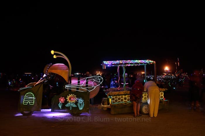 The Bee Art Car at Night