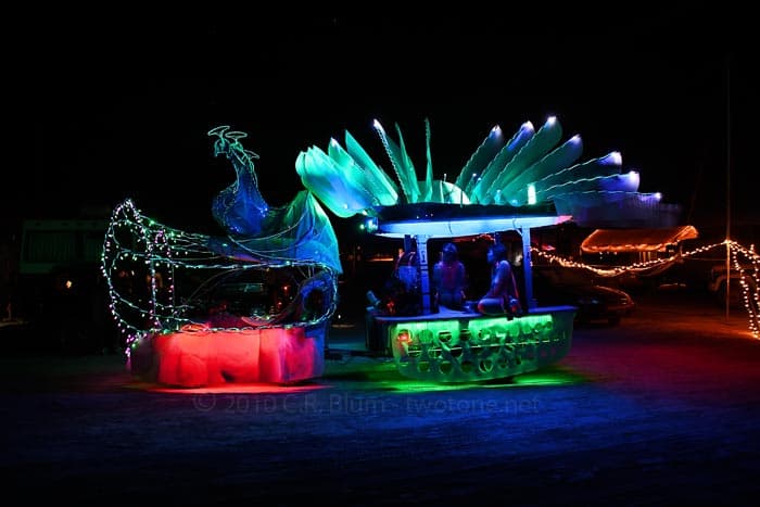 Peacock Art Car at Night