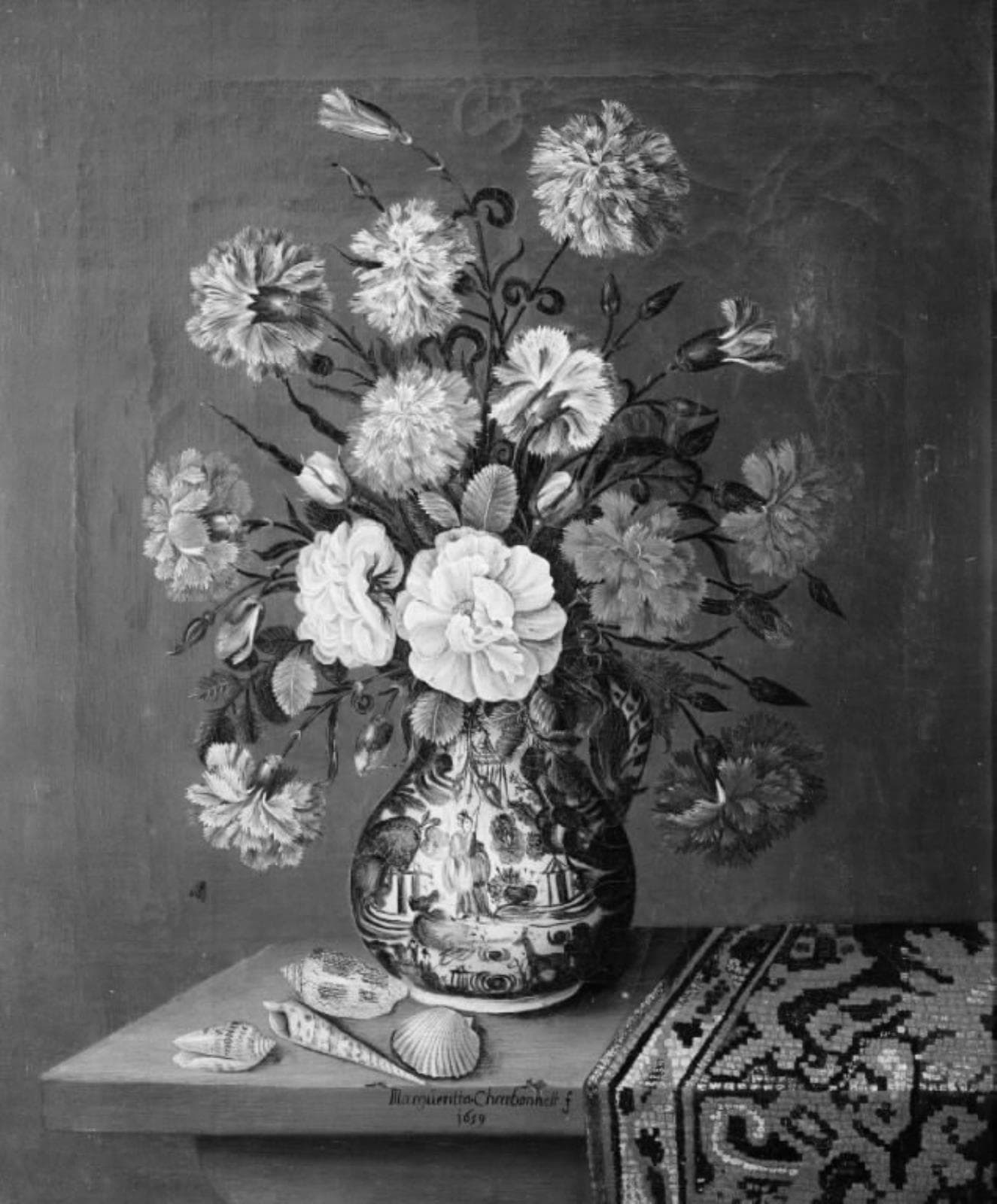 Trompe l'oeil with Turkish carpet and porcelain jar