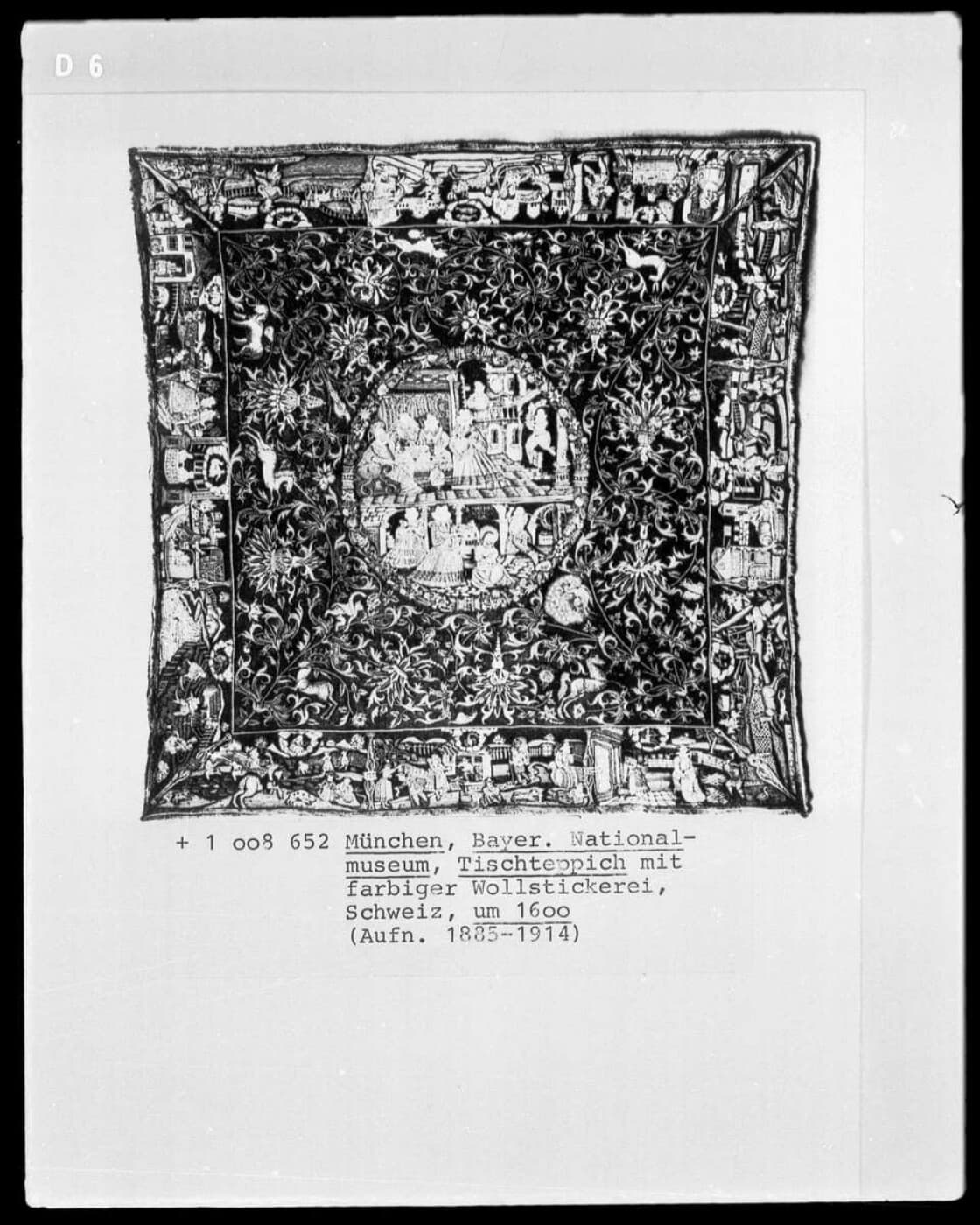 Embroidered Swiss table carpet with biblical medallion scenes