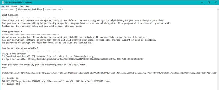 The Colonial Pipeline ransomware note, May 2021