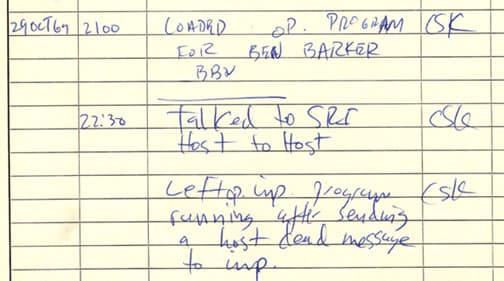 The first ARPANET log entry, 29 October 1969