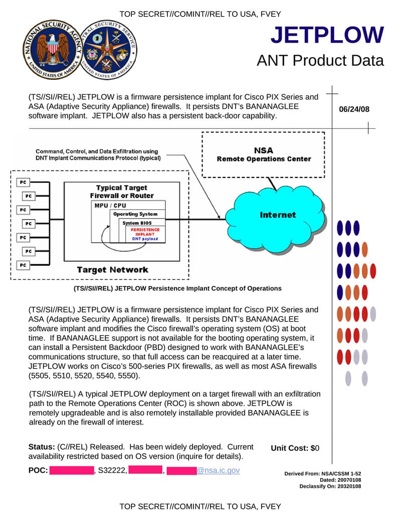 NSA ANT catalogue page: JETPLOW implant for Cisco firewalls