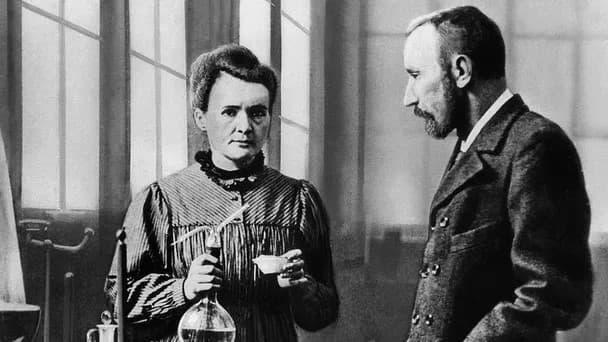 Marie and Pierre Curie in their Paris laboratory, 1900