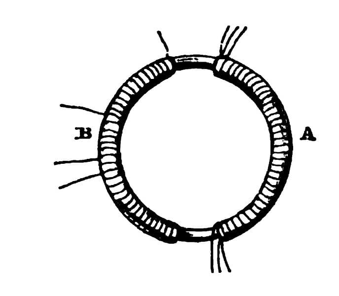 Schematic of Faraday's 1845 electromagnet and disc