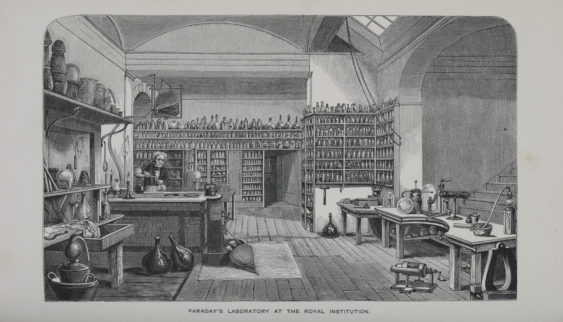 Faraday's laboratory, plate from Bence Jones's Life and Letters of Faraday