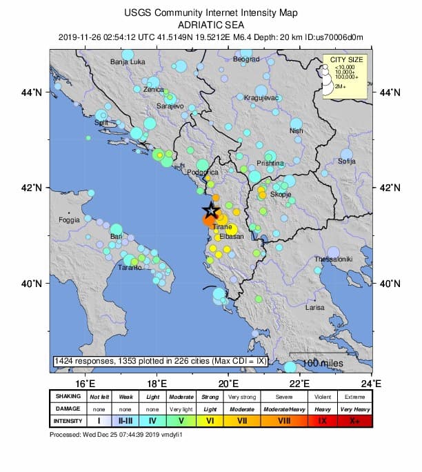 USGS intensity map, 26 November 2019 Albania earthquake