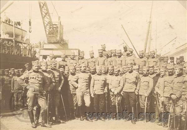 Balkan War I - Serbian officers posing at Durrës harbour, 13 March 1913