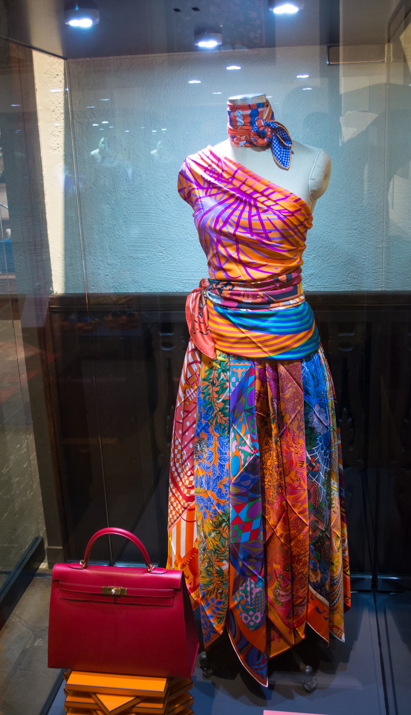 A dress assembled from Hermès carrés