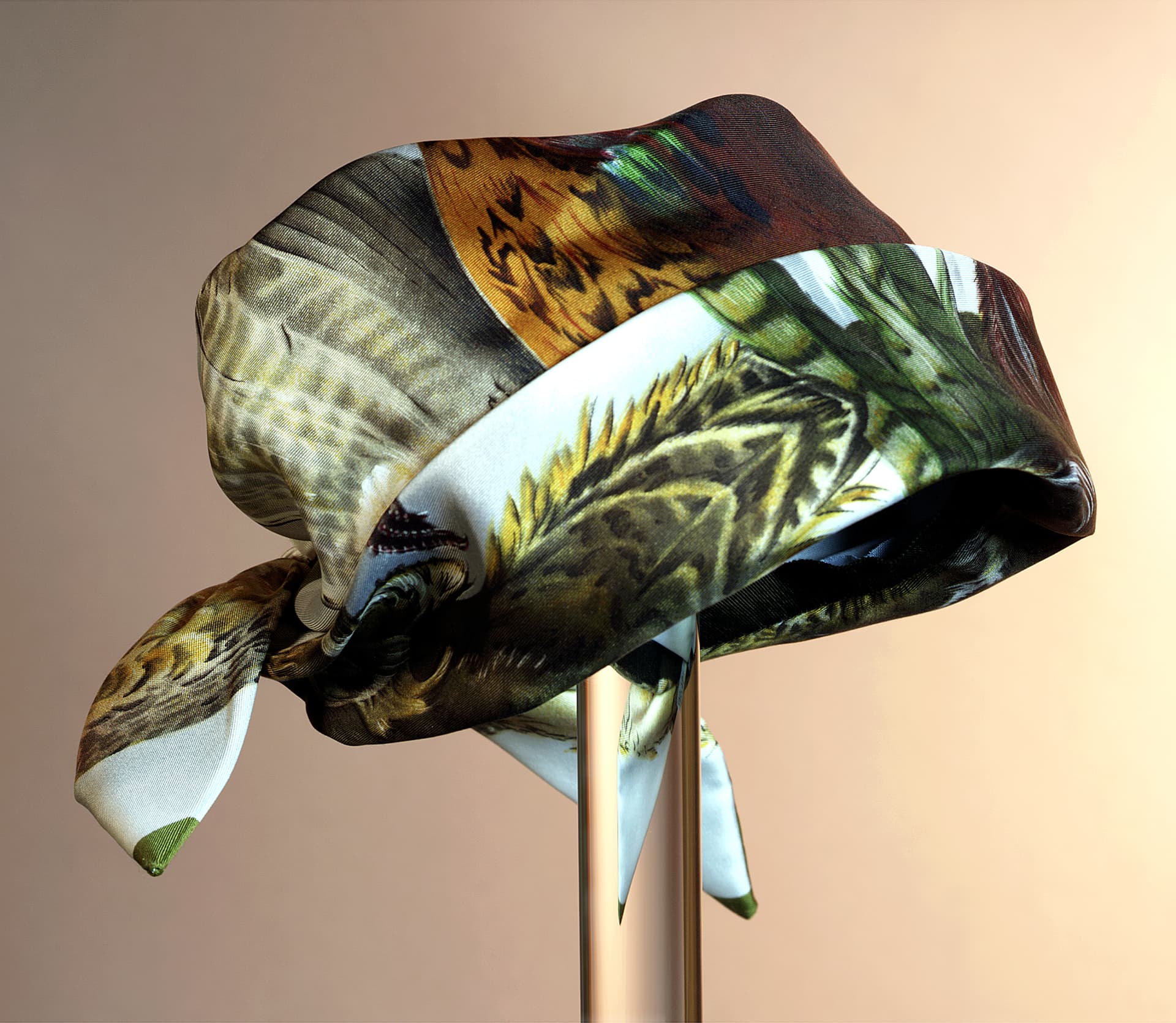 A hat cut from a pheasant-print carré, 1976