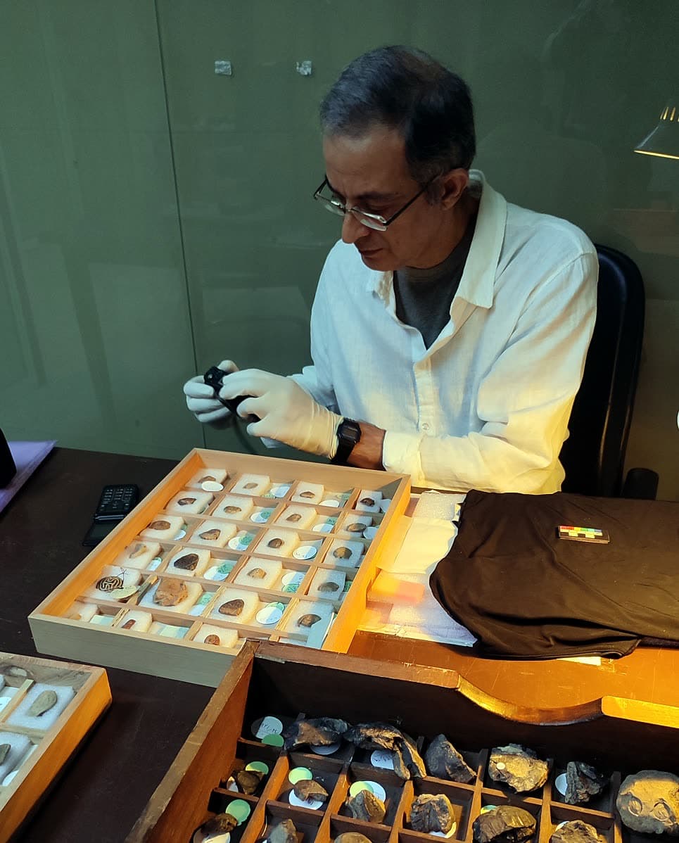 Shahrokh Razmjou studying Achaemenid clay objects at the National Museum of Iran