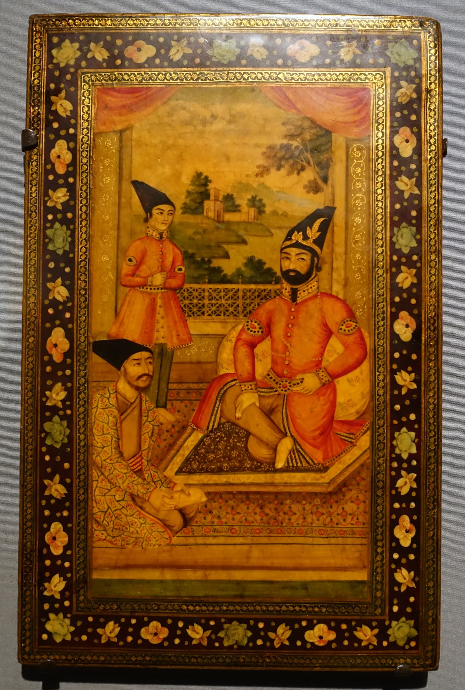 Mirror case cover with Muhammad Shah, Prince Naser al-Din and Haji Mirza Aqasi
