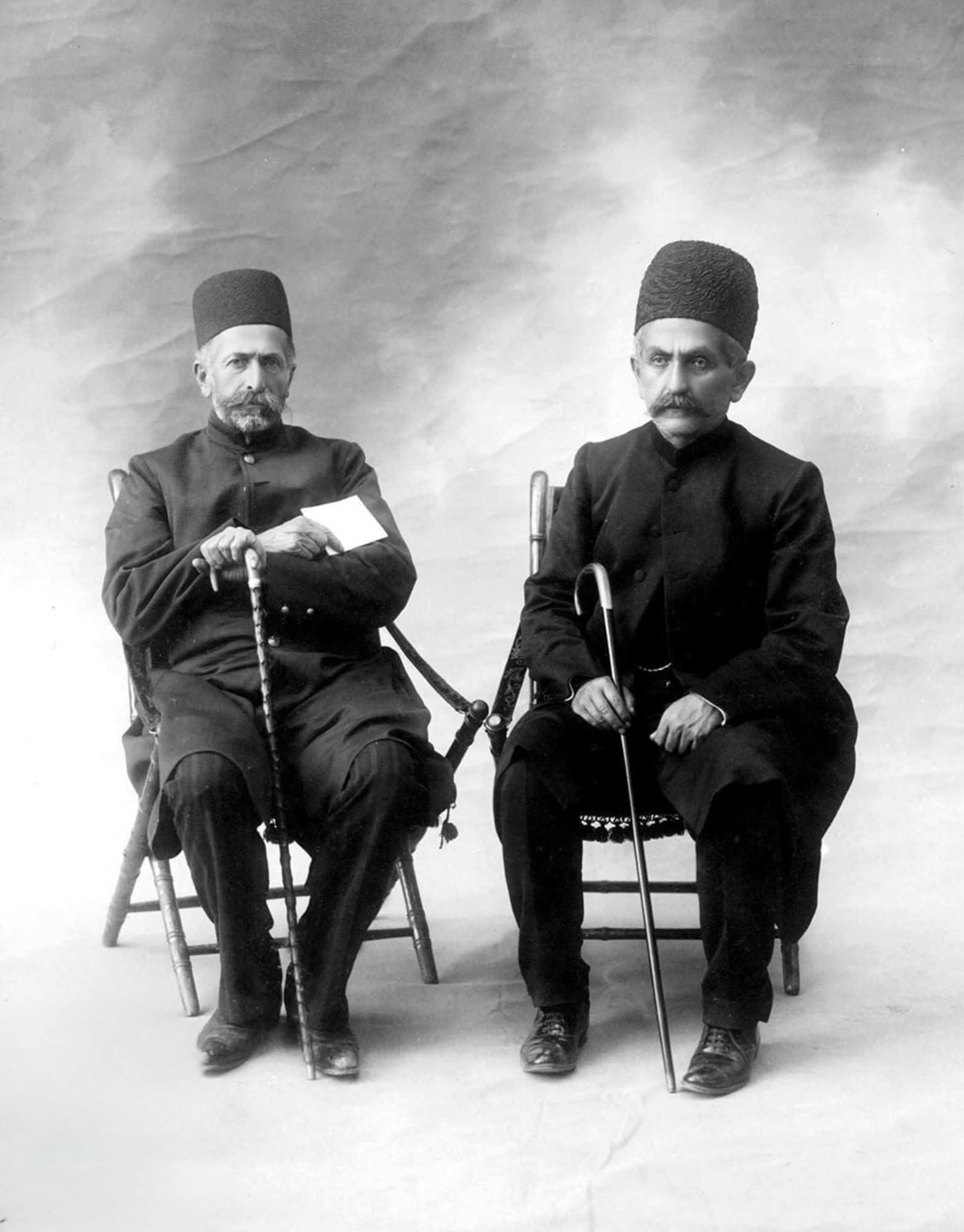 Studio photograph of Mohammad Vali Khan Khalatbari Tonekaboni (Sepahdar A'zam) and Ali-Qoli Khan Bakhtiari (Sardar Asaad), c. 1905-1911
