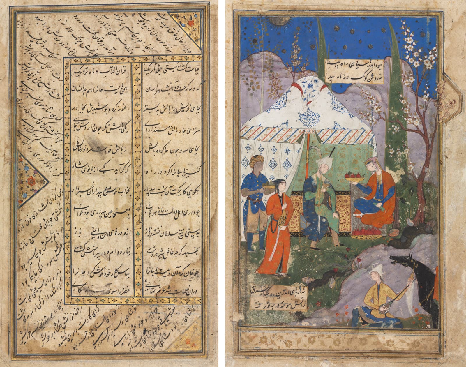 An Episode from the Story of the Sasanian King Khusrau and His Beloved Shirin, from a Khamsa (Quintet) of Nizami (1141-1209) (verso); Persian verses from a Haft Awrang (Seven Thron