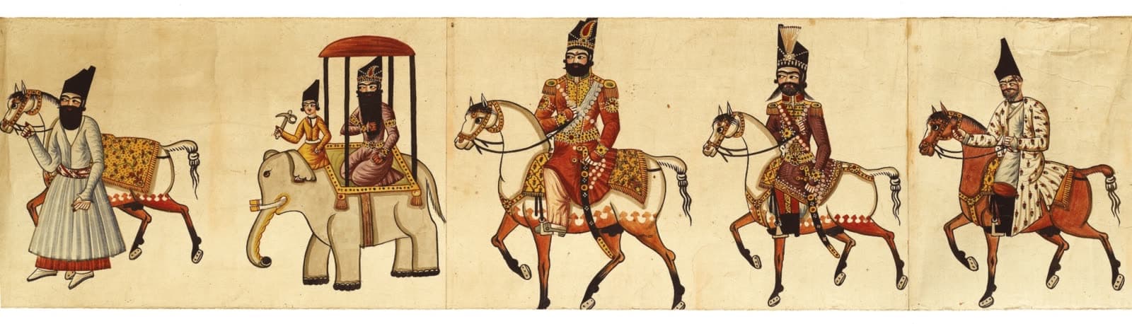 A Qajar pictorial scroll, Persia, 19th century, depicting Fath 'Ali Shah, Mohammad Shah and Naser al-Din Shah, horsemen, carriages, camels and soldier