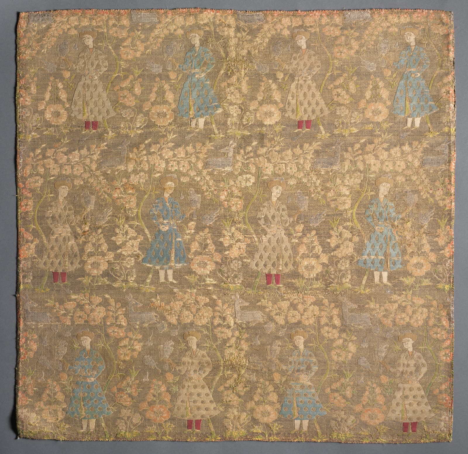 Section of Silk Fabric with Falconers Amid Rose Bushes