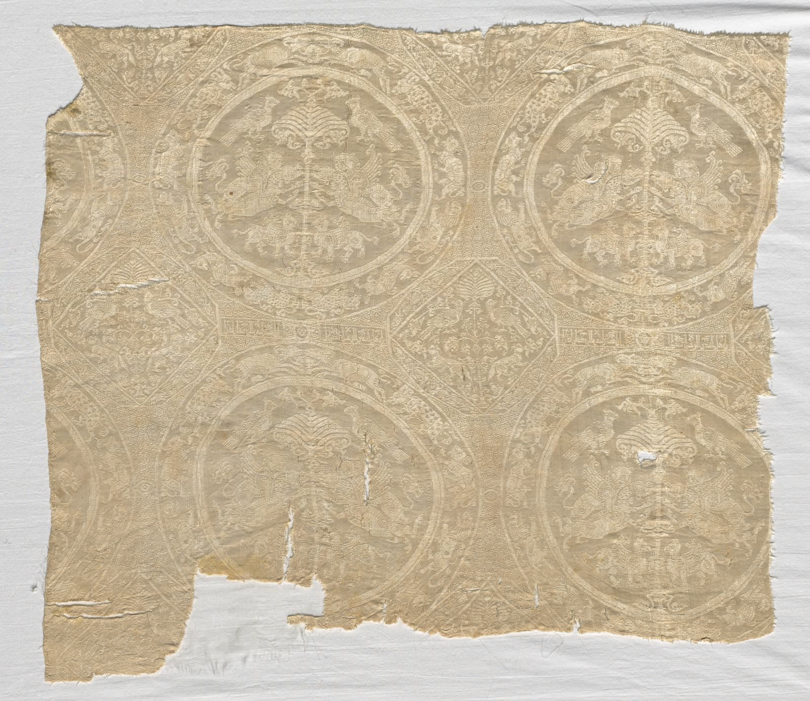 Fragment with confronted animal medallions and kufic bands