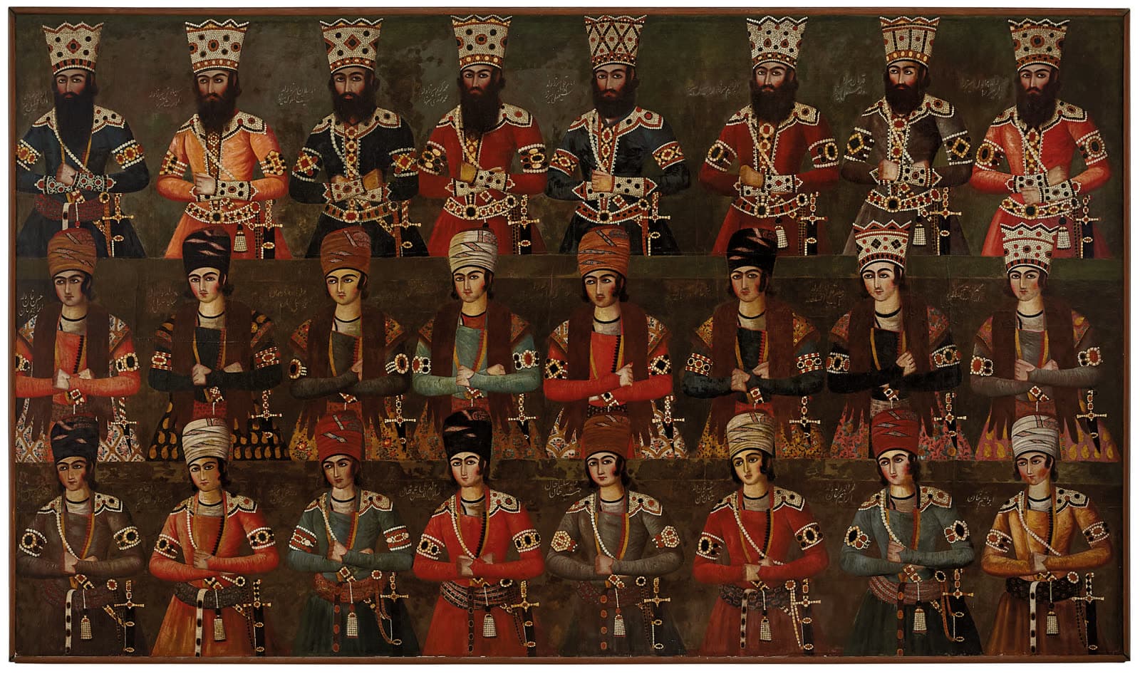 Qajar group portrait depicting 24 of Fath Ali Shah's sons and grandsons, attributed to Abdallah Khan Naqqashbashi (active 1800 1850), Tehran or enviro