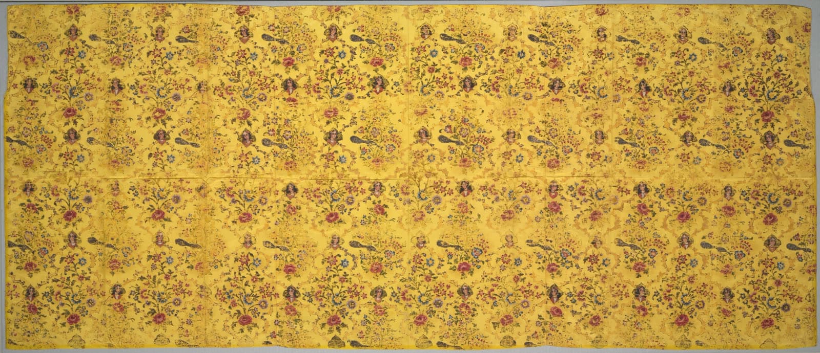 Wall cover with flora, peacocks, and portrait medallions