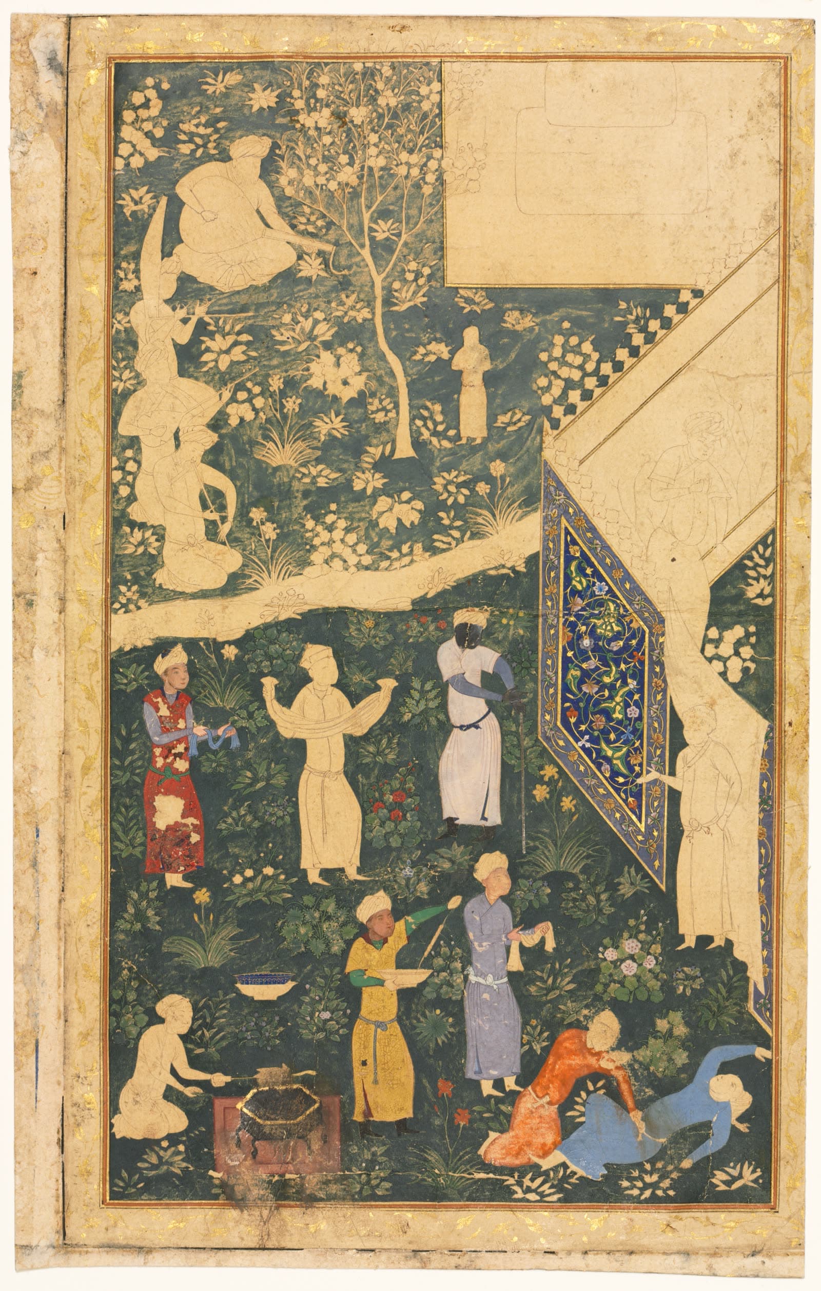 Left side of a double-page album folio: Outside a Royal Encampment (recto)