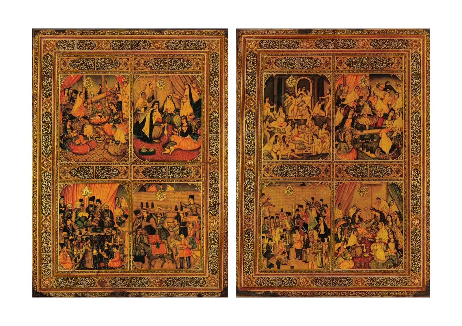 A pair of fine Qajar lacquer book covers depicting a wedding of Nasir al-Din Shah, signed Mirza Muhammad Taqi Muzahhib Isfahani, Tehran, Iran, dated 1