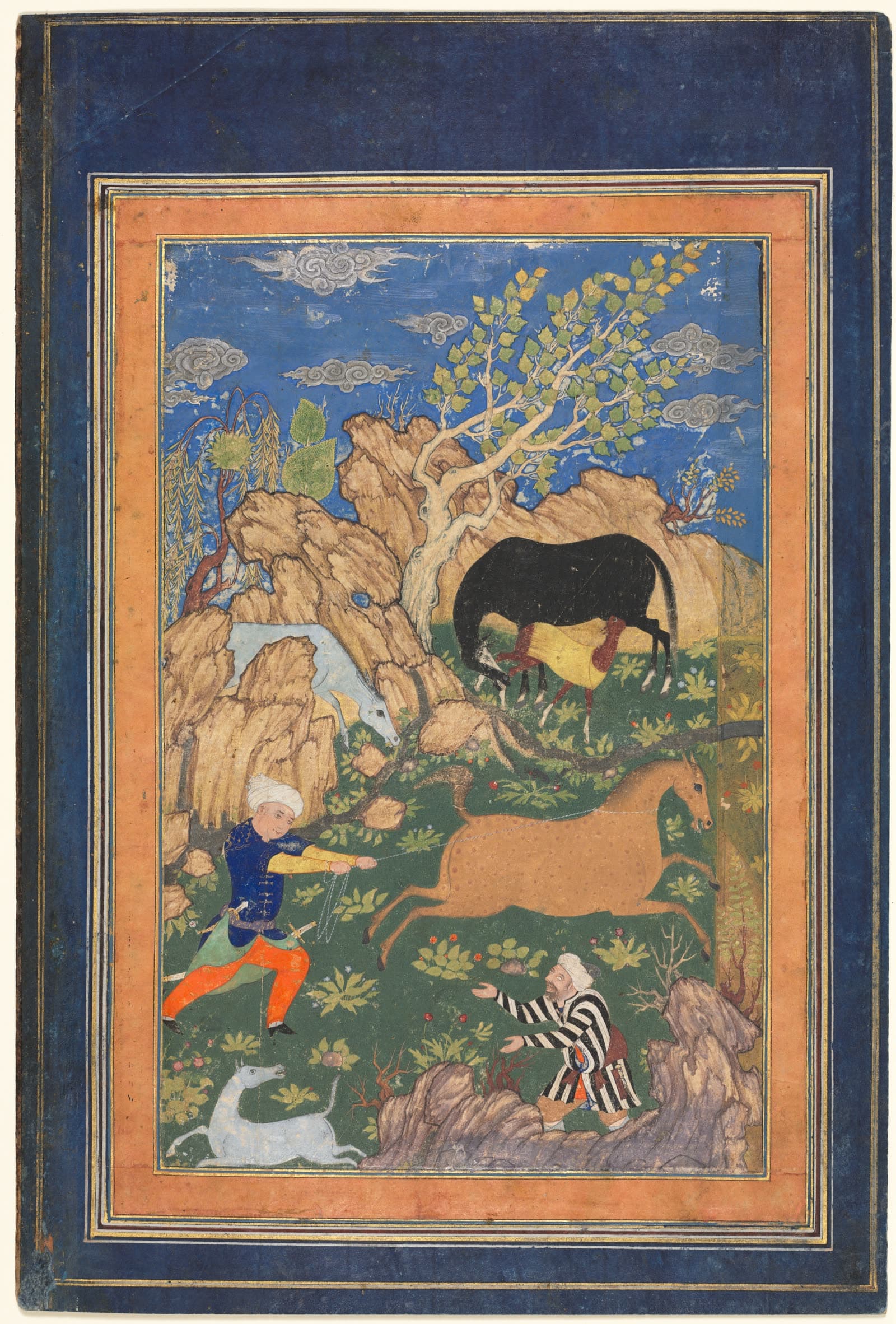 Rustam Lassoing his Horse, Rakhsh, in a Landscape (recto)