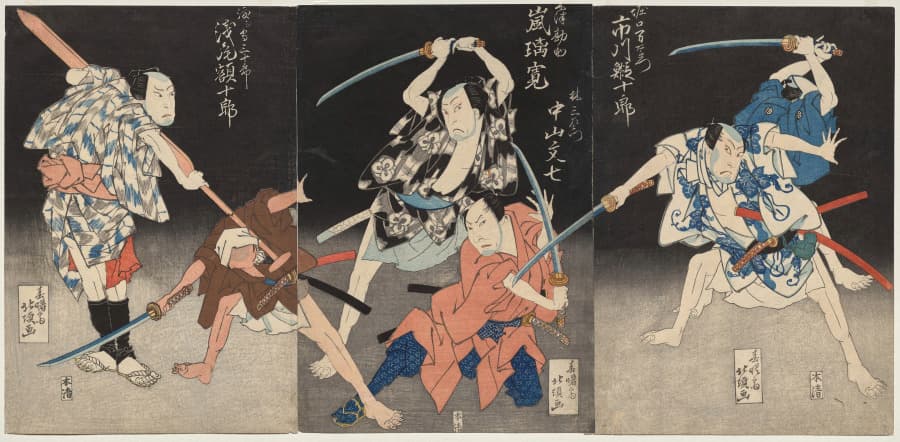 Ichikawa Ebijūrō II as Horiguchi Manzaemon (right), Arashi Rikan II as Kizu Kansuke, Nakay