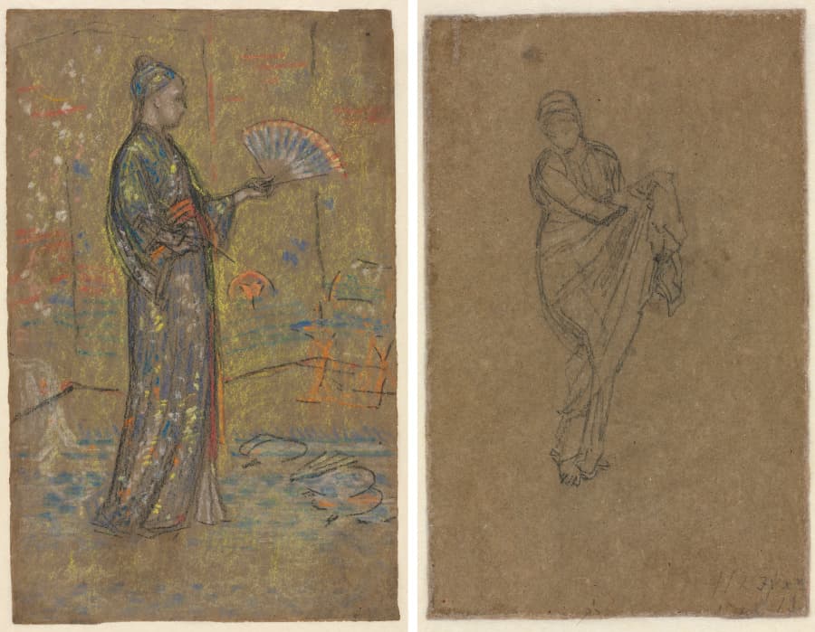 Japanese Woman Painting a Fan (recto); Standing Woman Holding Up Her Dress (verso)