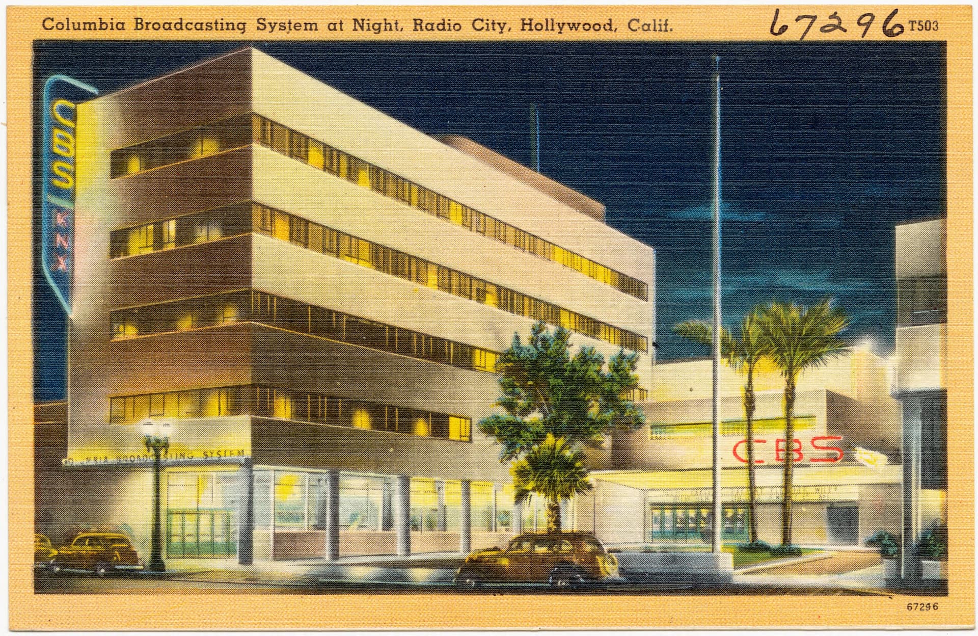 Columbia Broadcasting System at night, Radio City, Hollywood, Calif