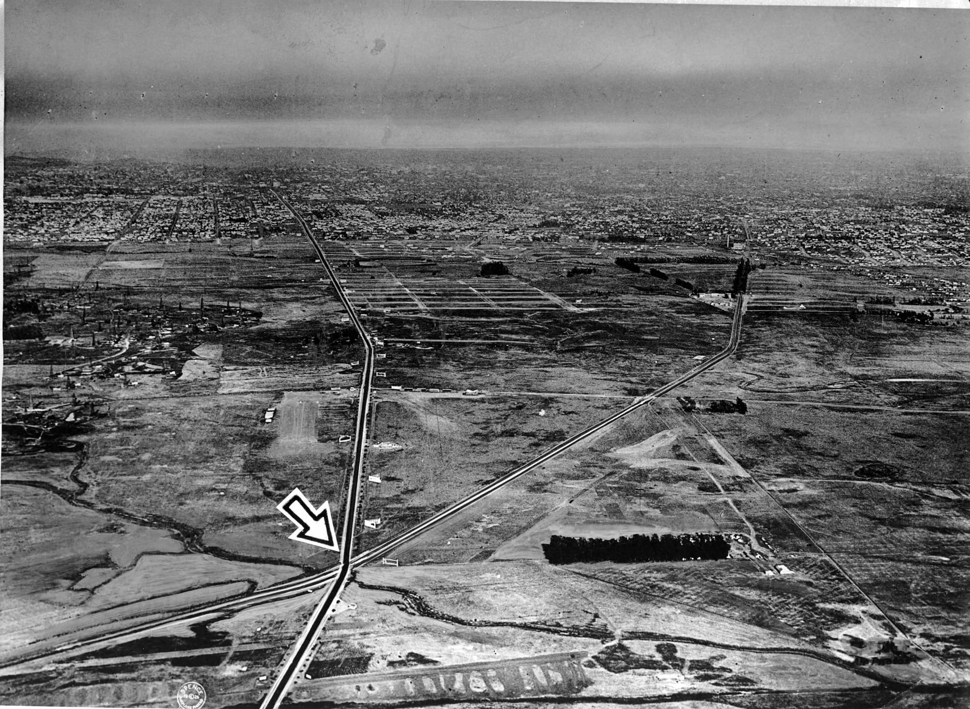 Aerial photograph showing intersection of Wilshire and San Vicente boulevards