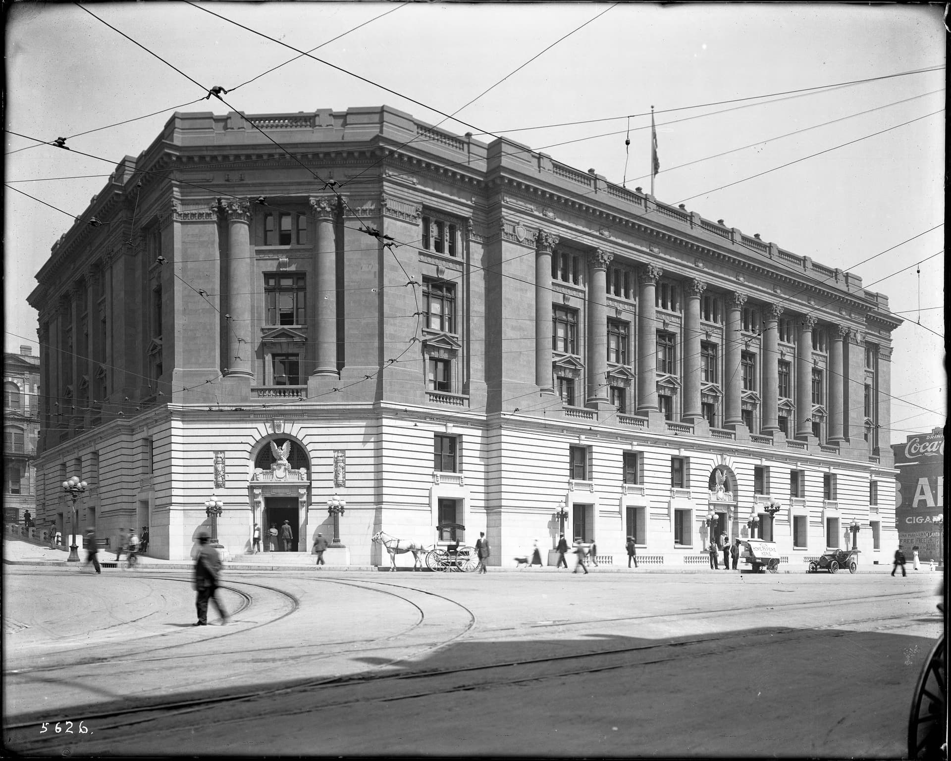 Exterior view of the old Federal Building and Post Office, Temple Street and Main Street…
