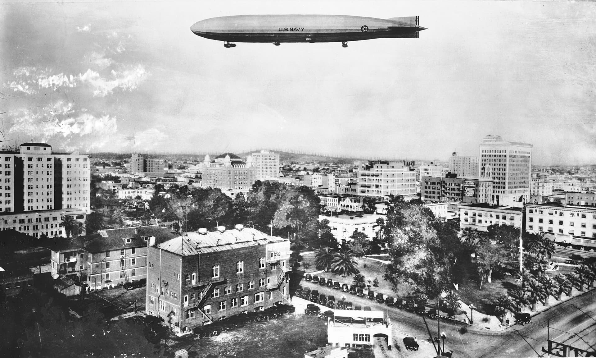 Northward view of the United States Navy dirigible USS Shenandoah over Long Beach, ca.1920